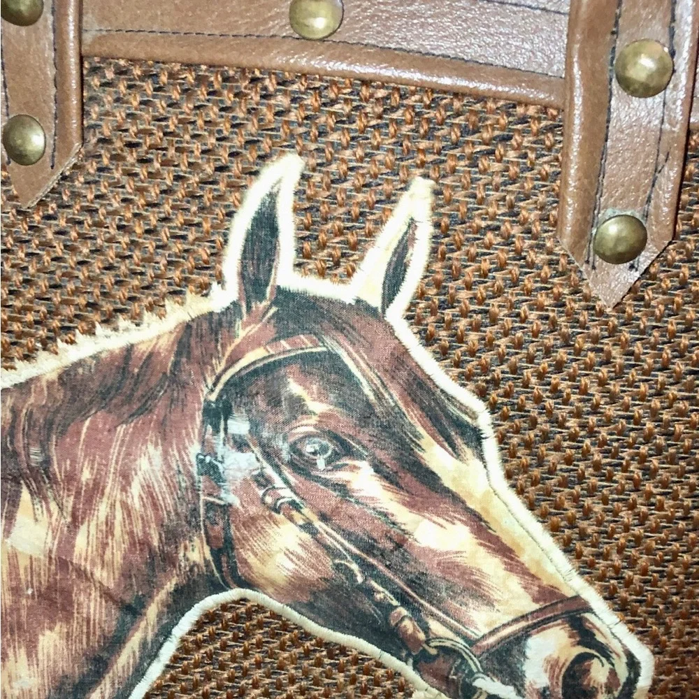 Woven vintage hardbody Brown bucket Tote Bag with Horse Motif